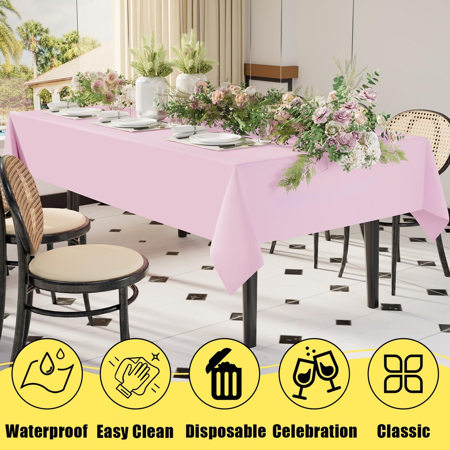 smiry Disposable Table Cloth 6 Pack, 54 x 108 Inch Table Cloths for Parties, Decorative Tablecloths for Rectangle Tables, Waterproof Plastic Table Cover, Leakproof & Sturdy, Pink