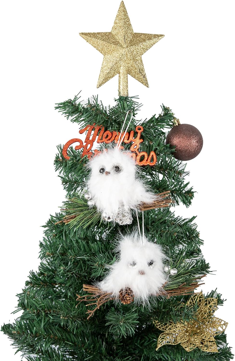 YCHTEWY White Plush Owl Christmas Ornaments - Gold Stars Winter Holiday Tree Decor | Set of 2
