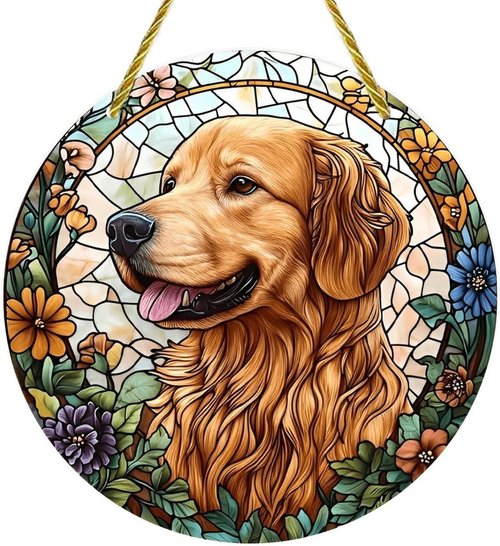 Golden Retriever Acrylic Suncatcher - 7-Inch Floral Stained Glass Window Art Decor | Perfect Gift & Garden Ornament