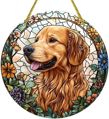 Golden Retriever Acrylic Suncatcher - 7-Inch Floral Stained Glass Window Art Decor | Perfect Gift & Garden Ornament