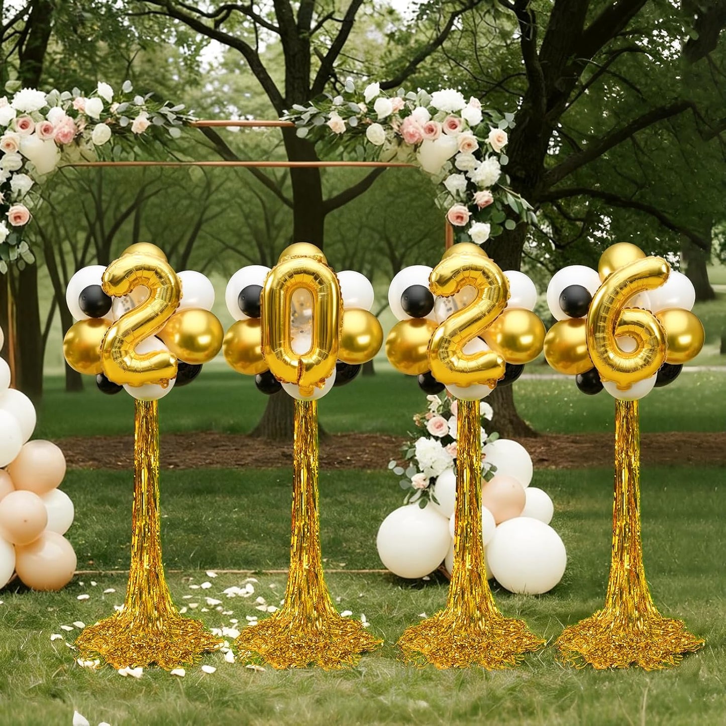 2026 Graduation Balloon Columns Kit - Set of 4 Stands with Gold Fringe Curtain for Party Decor