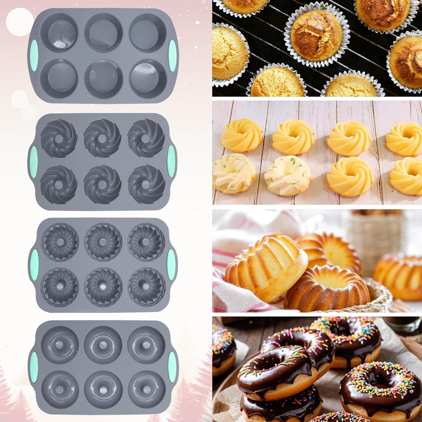 Tongjude Silicone Donut Pans - 8 Nonstick Baking Molds | Heat Resistant & Dishwasher Safe, Grey
