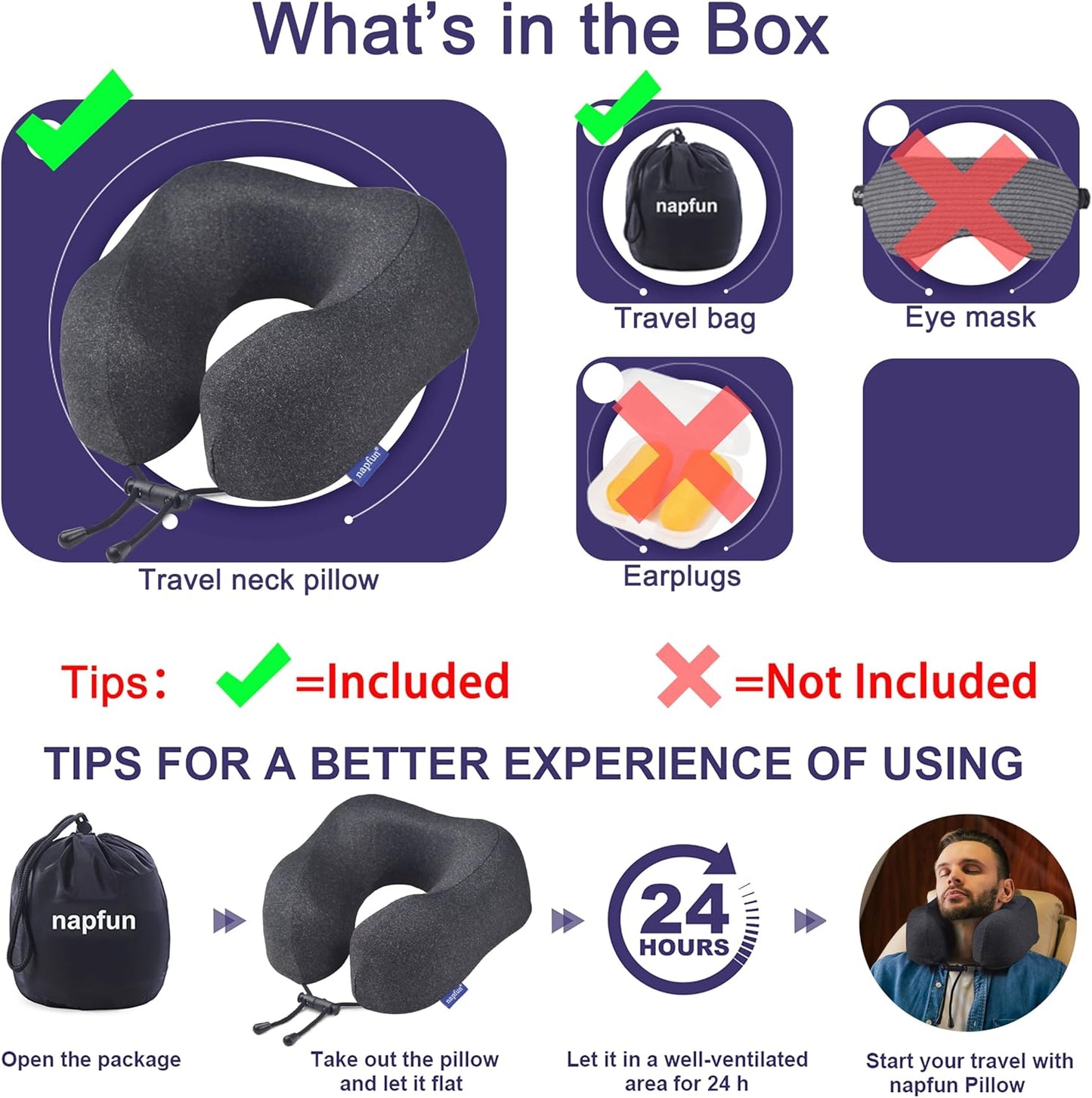 Napfun Neck Pillow - Upgraded 100% Pure Memory Foam Travel Pillow for Airplane | Portable Black Headrest