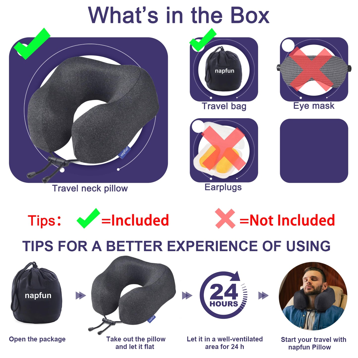 napfun Neck Pillow for Traveling, Upgraded Travel Neck Pillow for Airplane 100% Pure Memory Foam Travel Pillow for Flight Headrest Sleep, Portable Plane Accessories, Full Black