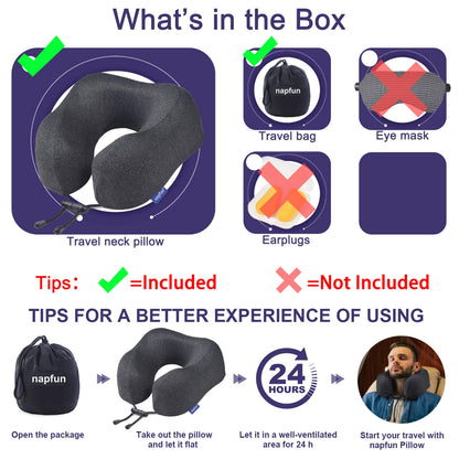 napfun Neck Pillow for Traveling, Upgraded Travel Neck Pillow for Airplane 100% Pure Memory Foam Travel Pillow for Flight Headrest Sleep, Portable Plane Accessories, Full Black