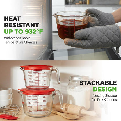 NutriChef Glass Measuring Cup Set - Heat-Resistant Borosilicate with Lids | 2 & 4 Cups (17 & 34 oz)