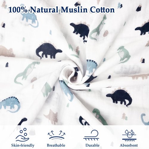 david's kids 4 Pack Baby Muslin Swaddle Blankets, 100% Cotton and Ultra Soft Breathable Receiving Blanket Wrap for Boys Girls, New Born Essentials, Large 47 x 47 inches, Dinosaur