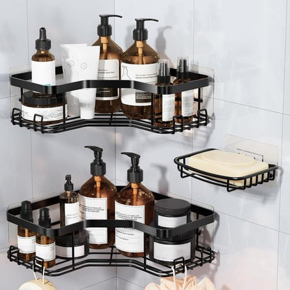 MAXIFFE Corner Shower Caddy - Large Capacity Stainless Steel Organizer with Soap Holder | No Drilling, Black