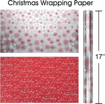 MAYPLUSS Christmas Wrapping Paper Roll - 17" x 33ft - Reversible Red & White Snowflakes for Holiday Gifts