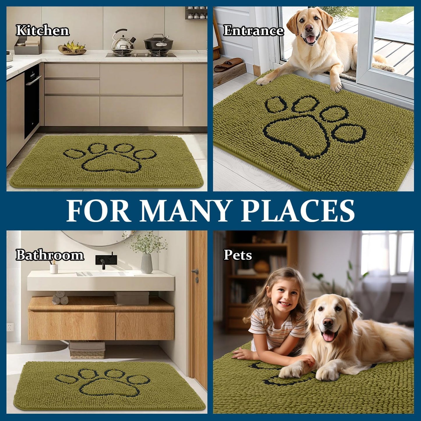 OLANLY Dog Door Mat - Absorbent Muddy Paws Doormat | Non-Slip Chenille, 36x24, Willow Green