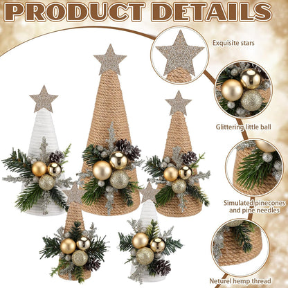 Thyle Christmas Yarn Trees - 5 Pcs Artificial Cone Tree Set with Stars | Festive Tabletop Decor for Holidays