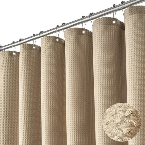 Dynamene Stall Fabric Shower Curtain - 54x78 inch Long Waffle Weave Weighted Thick Cloth Shower Curtains for Bathroom,Neutral Heavy Duty Hotel Spa Luxury Bath Curtain Set with 10 Hooks, Beige/Khaki