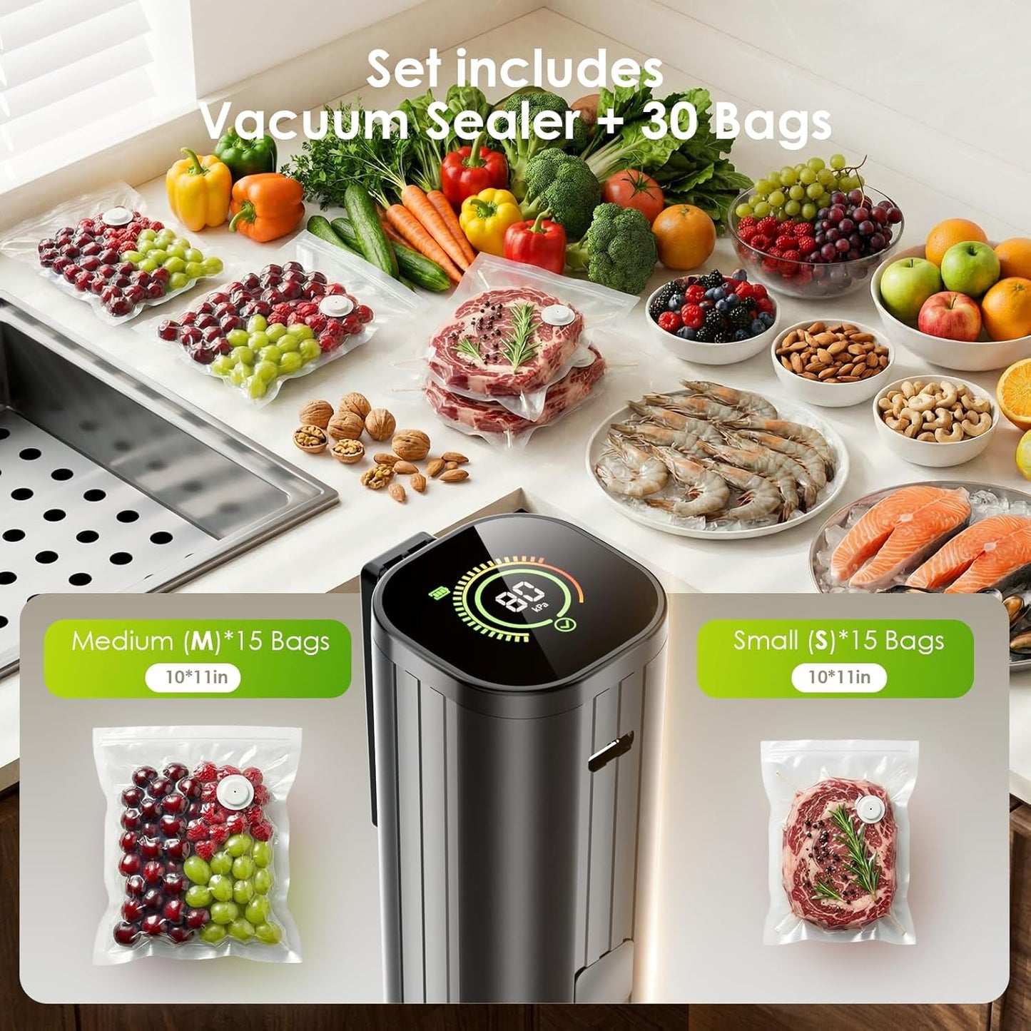 Skiennix Portable Vacuum Sealer - Handheld Food Sealer with 30 Reusable Bags & LED Pressure Display