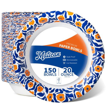 MATICAN Paper Bowls 20 oz, 150-Count Disposable Bowls, Heavy Duty Soak-Proof and Microwave-Safe Paper Bowls with Matisse-Style Floral Design, Great for Soup, Salad, Snacks, and Party Use