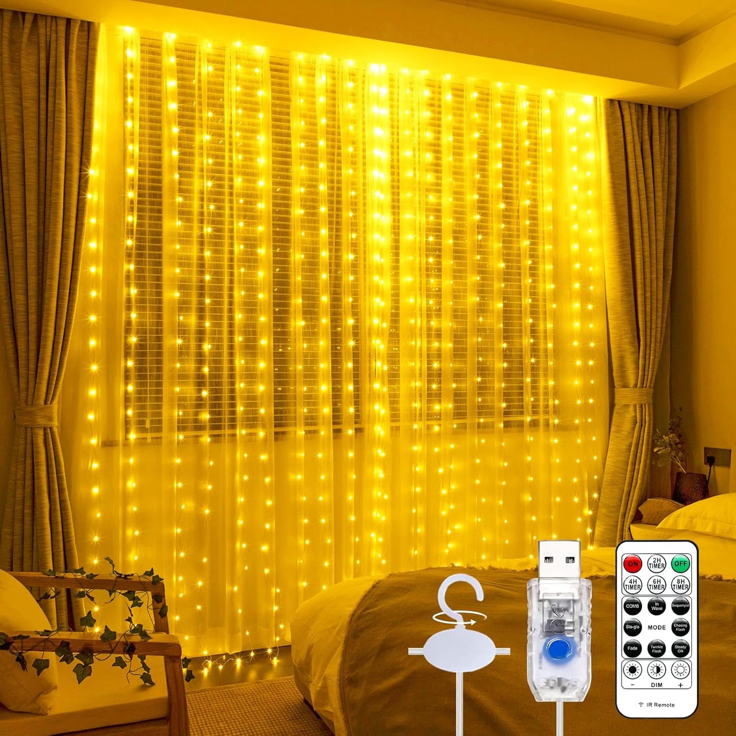 Skiennix Curtain Light - 300 LED Fairy String Lights with 16 Hooks & 8 Modes Remote | 9.8ft x 9.8ft Warm White Indoor Decor