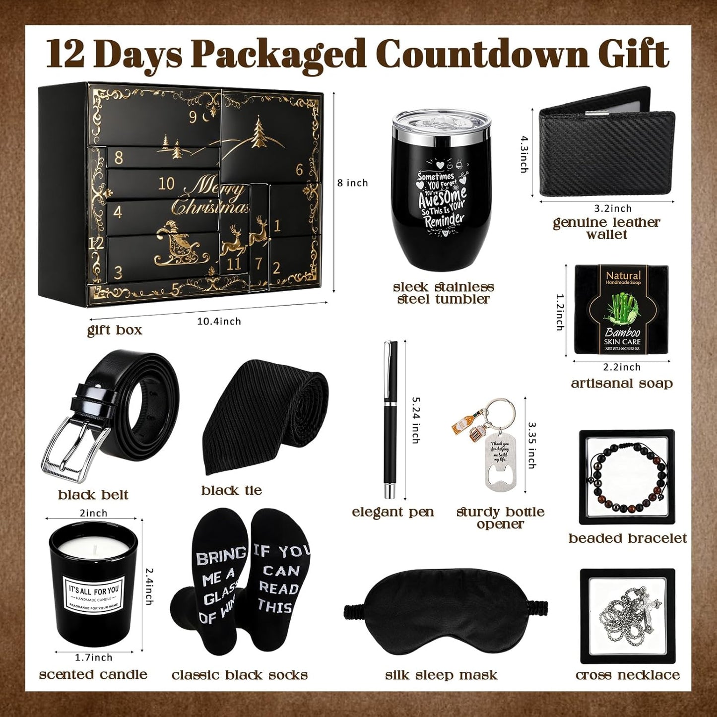 Patelai 12 Days Men's Advent Calendar - Black & Gold Grooming Essentials | Perfect Gift for Him