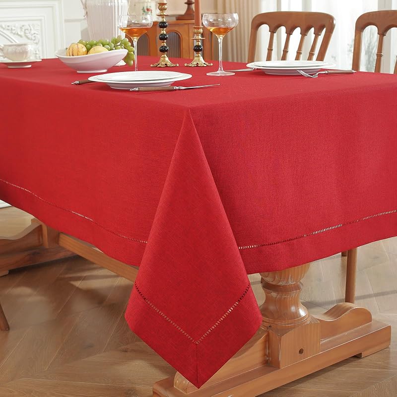 Red Hemstitch Tablecloth – Faux Linen 86" × 60" Rectangle, Handmade Fringe