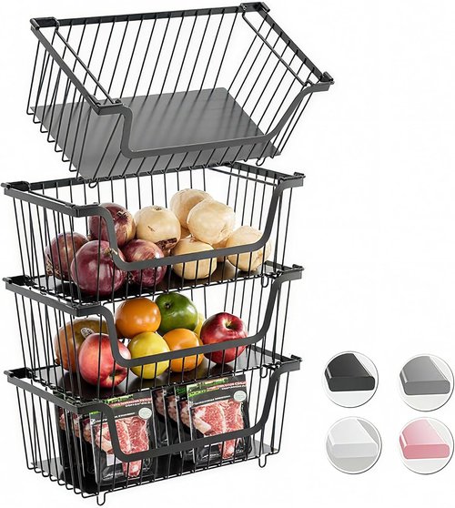 GAOKASE Stackable Wire Baskets - Versatile Kitchen Storage for Fruits & Vegetables | Black, 4 Pcs