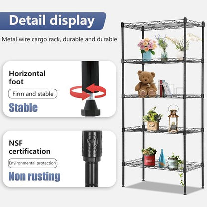 FDW Adjustable 5-Tier Metal Pantry Shelves - 22L x 12W x 48H, NSF Certified Storage Rack for Kitchen & Garage - Black