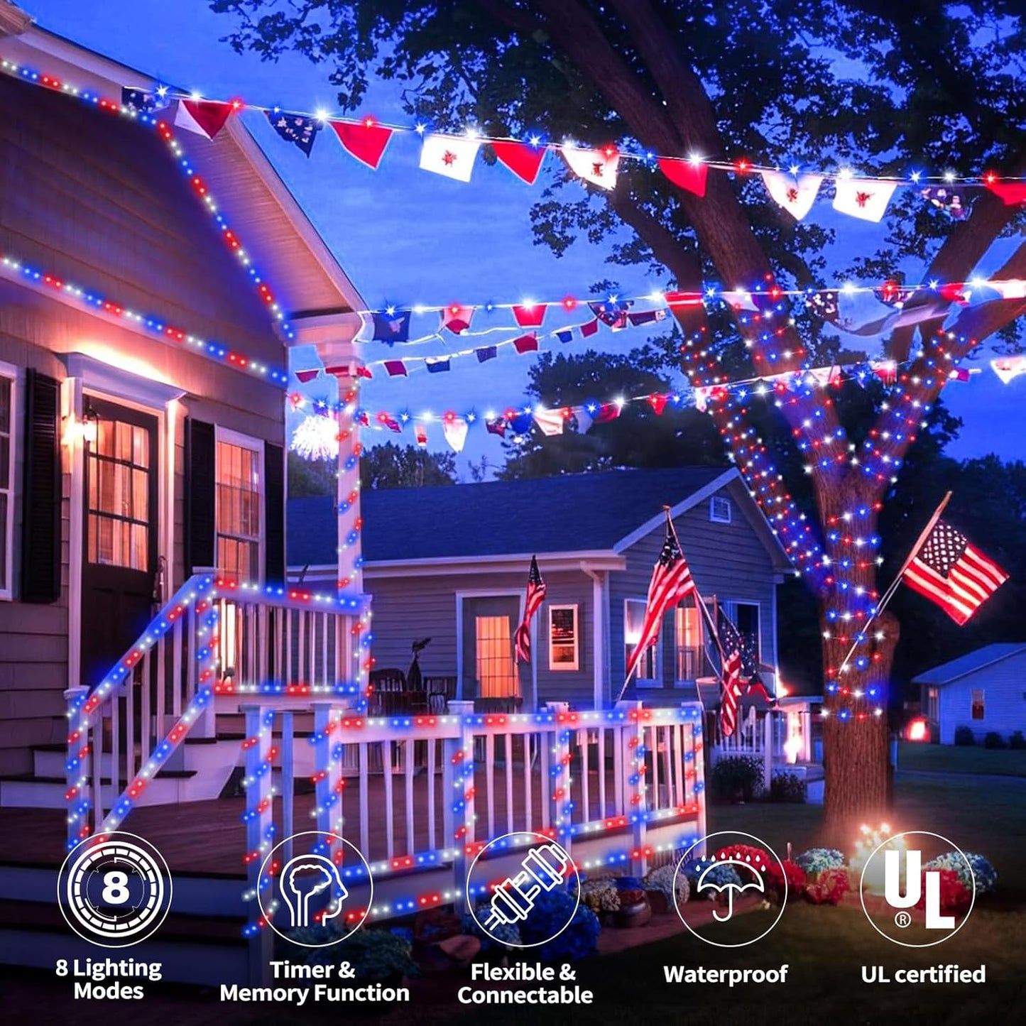 Skiennix 50ft LED Rope Lights - Connectable & Flexible Tube Lighting with 8 Modes | Waterproof Red, White & Blue Decor