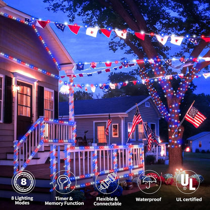 Skiennix 50ft LED Rope Lights - Connectable & Flexible Tube Lighting with 8 Modes | Waterproof Red, White & Blue Decor