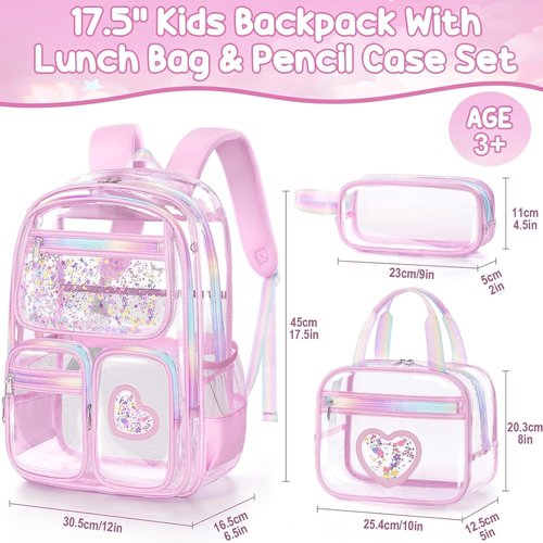 Fimibuke Clear Backpack for Girls - Heavy Duty PVC See-Through Bookbag with Lunch Box & Pencil Case | Pink
