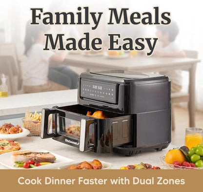 Elite Gourmet 11QT Dual Zone Air Fryer Oven - Sync Cook & Finish, PFAS Free Nonstick, 10 Presets, Black