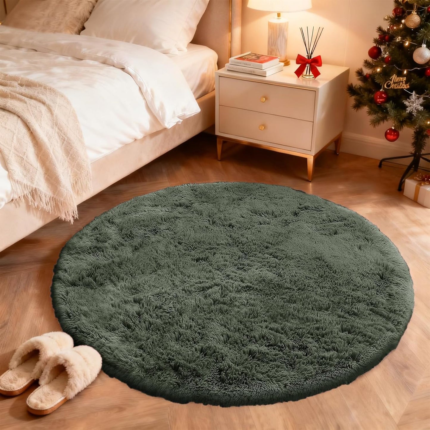 OLANLY Olive Green Round Rug - Soft, Fluffy Shaggy Carpet | 4 ft Machine Washable Area Rug for Bedroom & Living Room Decor