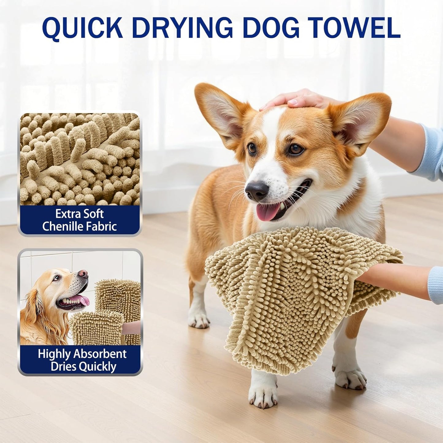 OLANLY Chenille Dog Bath Towel - Ultra Absorbent Quick Dry Plush Towel for Large Dogs & Puppies | 31x13, Beige