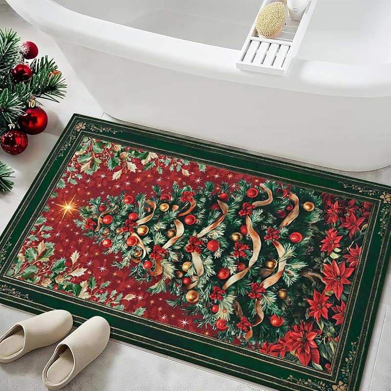 2x3 ft Red Christmas Area Rug with Non-Slip Backing - Washable Entryway Door Mat, Vintage Tree Design