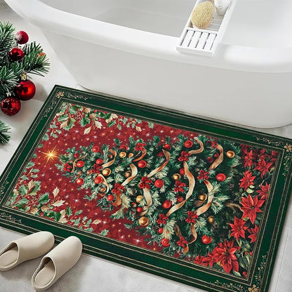2x3 ft Red Christmas Area Rug with Non-Slip Backing - Washable Entryway Door Mat, Vintage Tree Design