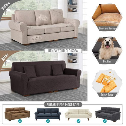 Ruaozz Stretch Sofa Cover 1 Piece Couch Covers for 3 Cushion Couch Non Slip Universal Sofa Slipcover Washable Soft Jacquard Furniture Protector with 2 pcs Throw Pillow Covers (3 Seater, Chocolate)