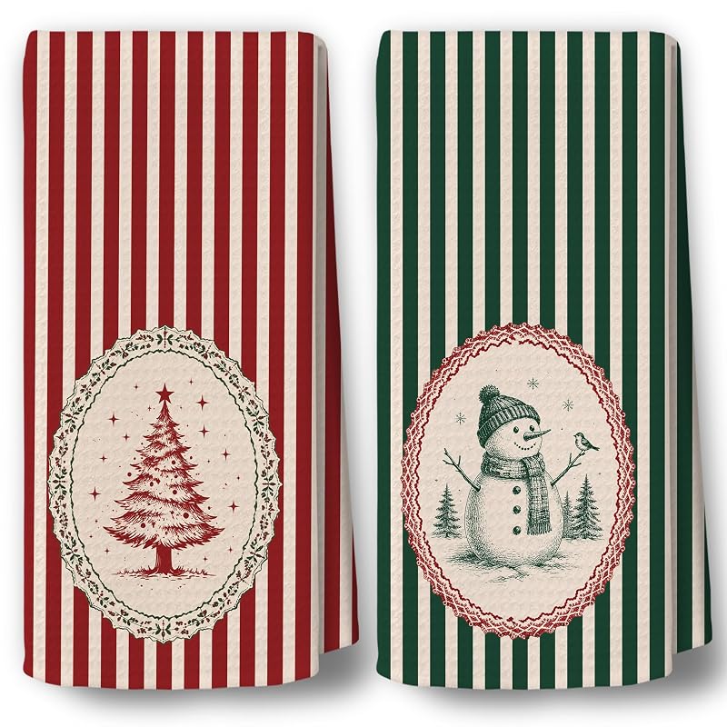 Vintage Red & Green Stripe Christmas Kitchen Towels 16x24 - Variation Christmas-75