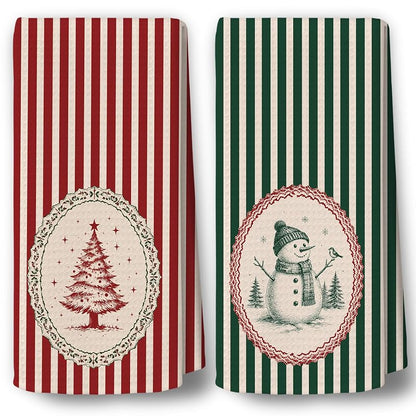Vintage Red & Green Stripe Christmas Kitchen Towels 16x24 - Variation Christmas-75