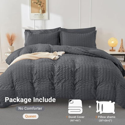 HYMOKEGE Duvet Cover Set - Ultra Soft Dark Grey Seersucker Bedding | Queen Size, 3-Piece with Zipper Closure & 8 Corner Ties (90"x90")