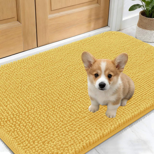 OLANLY Dog Door Mat - Absorbent Non-Slip Washable Doormat for Muddy Paws | 24x16 Yellow Chenille Carpet