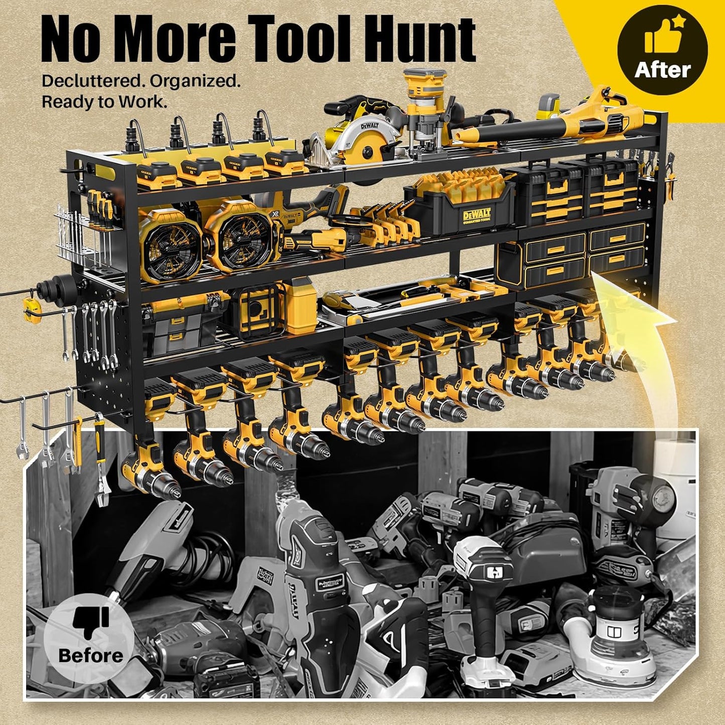 Power Tool Organizer Wall Mount - 8-Outlet Charging Station & Heavy Duty Metal Shelf for Garage Storage