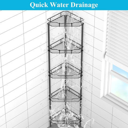 HuggieGems 5-Tier Corner Shower Caddy Organizer - Stylish Matt Black Bathroom Shelf Stand with Hooks