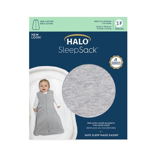 HALO SleepSack, 100% Cotton Wearable Blanket, Swaddle Transition Sleeping Bag, TOG 0.5, Heather Grey, Small