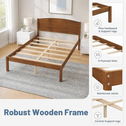 KOMFOTT Full Size Bed Frame with Curved Headboard – Walnut Variation