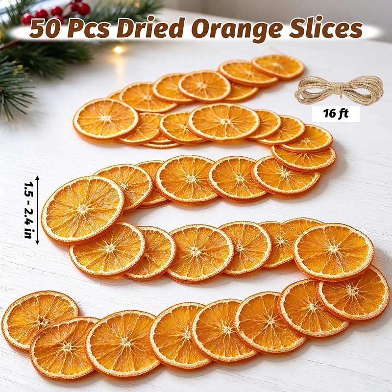Dried Orange Slices Garland with Hemp Rope - 50 Pcs Rustic Christmas Ornament Set