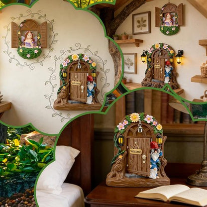 Exasinine Fairy Door and Windows Set - Gnome Statue Garden Sculpture | Outdoor Lawn Decor