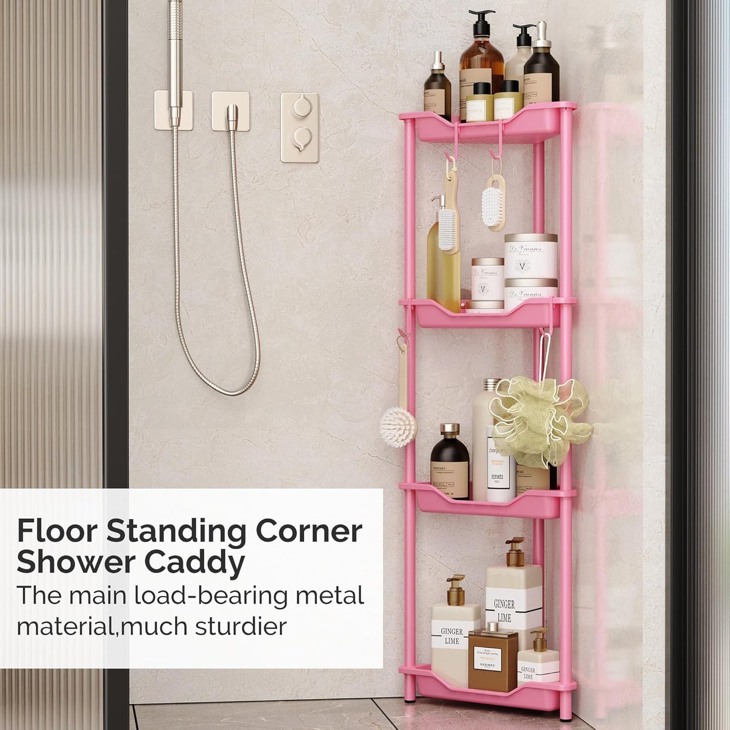 Orimade 4-Tier Rustproof Corner Shower Caddy Organizer - Durable Plastic & Metal, Pink, 10.8 x 10.8 x 44.6 Inches