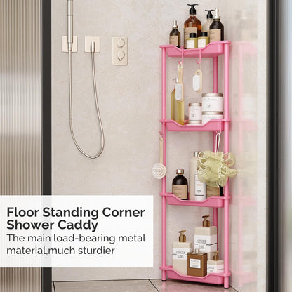 Orimade 4-Tier Rustproof Corner Shower Caddy Organizer - Durable Plastic & Metal, Pink, 10.8 x 10.8 x 44.6 Inches