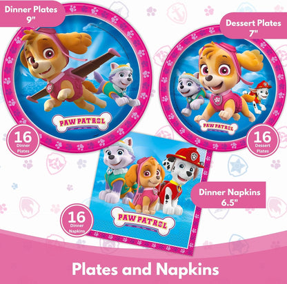 Skye Paw Patrol Birthday Decorations - Complete Party Set for 16 | 32 Plates, Napkins, Banner & More