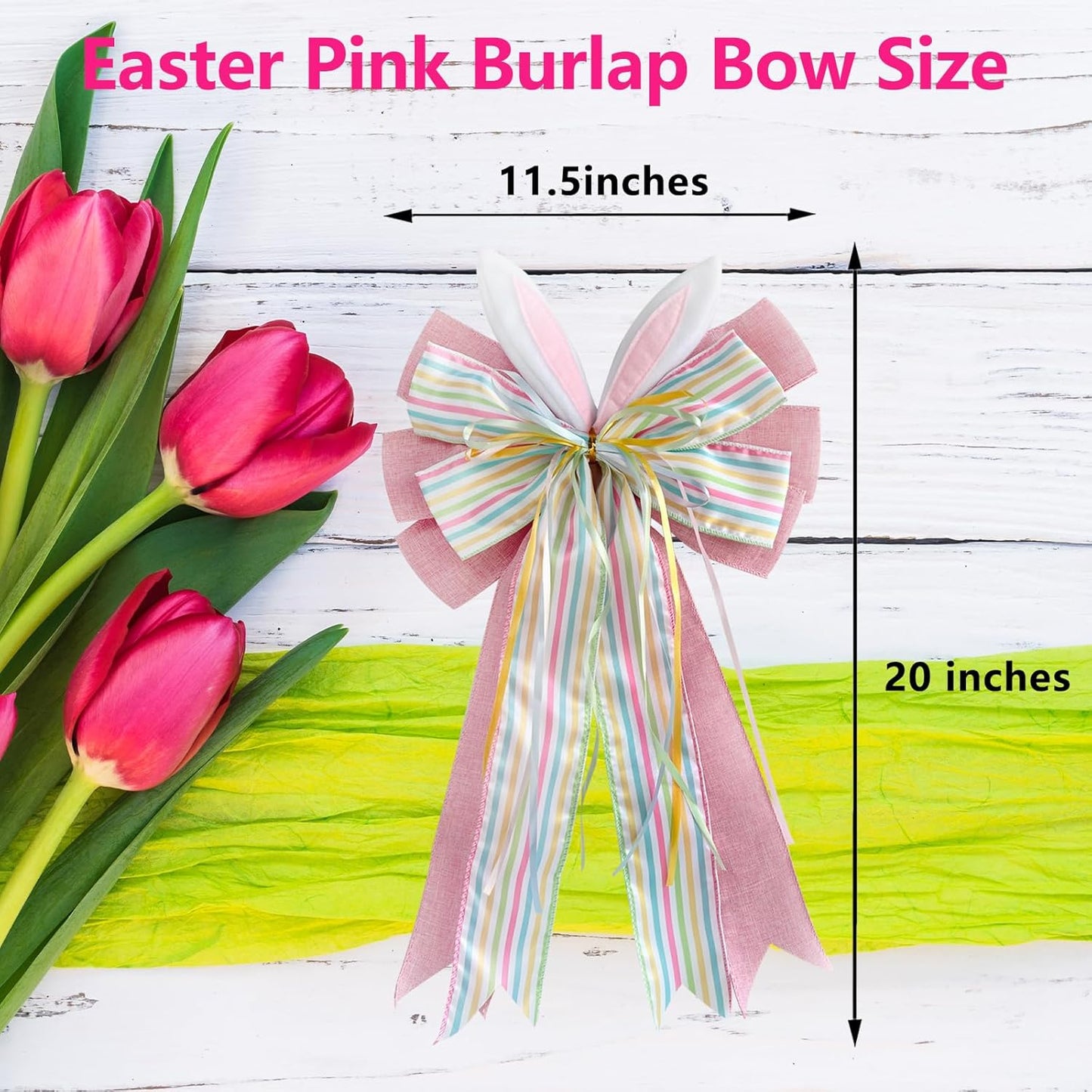 Skiennix Large Easter Pink Burlap Bow - 11.5" x 20" with Bunny Ears for Wreaths & Gift Baskets