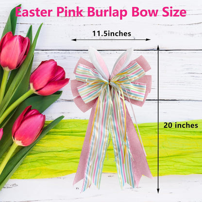 Skiennix Large Easter Pink Burlap Bow - 11.5" x 20" with Bunny Ears for Wreaths & Gift Baskets