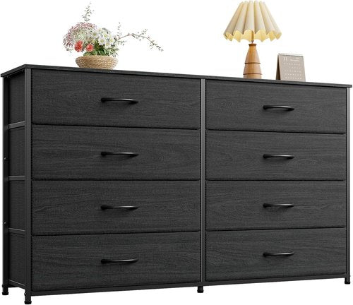 Furnulem Wide Dresser - 8 Fabric Drawers & Wood Top | TV Entertainment Center for 55'' TV (Black Oak)
