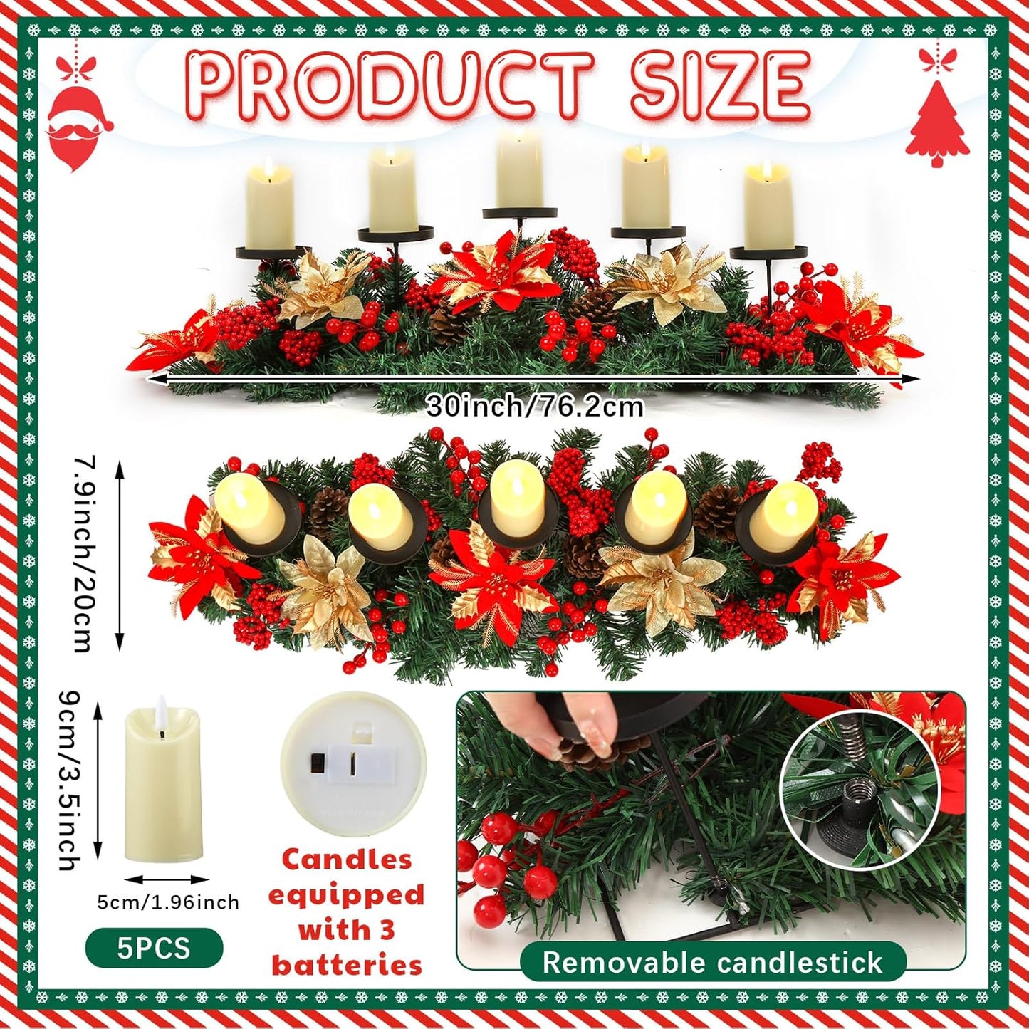 Sliner Christmas Tabletop Centerpiece - 30-Inch Poinsettia Candle Holder with 5 LED Flameless Candles & Pine Cones