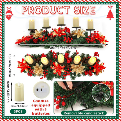 Sliner Christmas Tabletop Centerpiece - 30-Inch Poinsettia Candle Holder with 5 LED Flameless Candles & Pine Cones